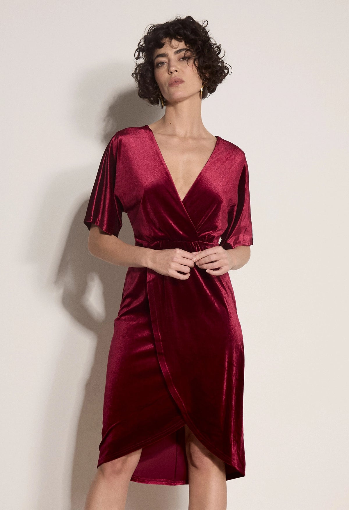 Batwing Sleeve Velvet Wrap Dress