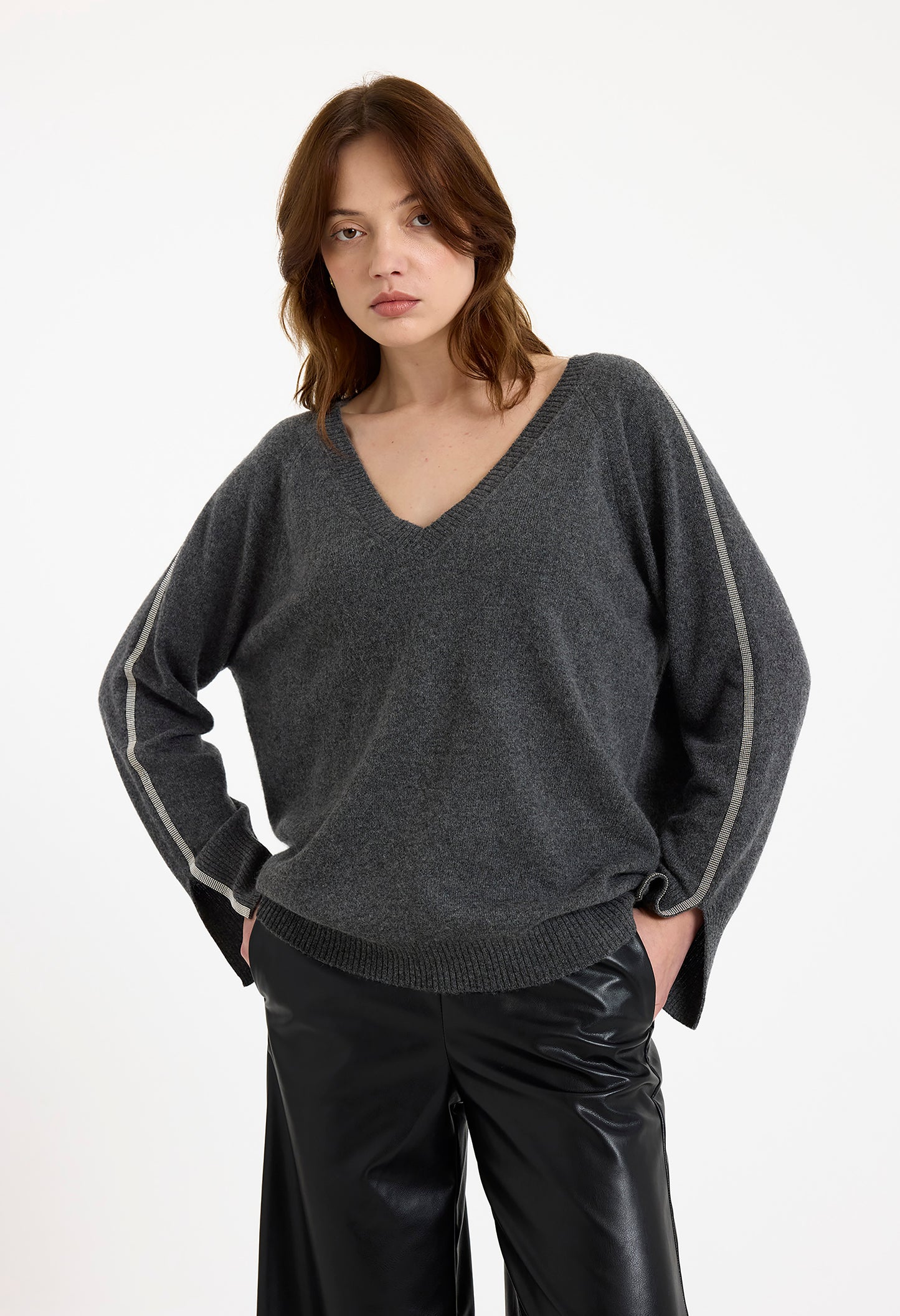 Glitz Split Cuff Relaxed V-neck Top