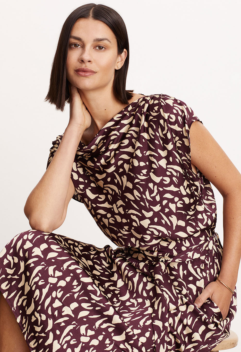 Devi Abstract Printed Satin Short Sleeve Top