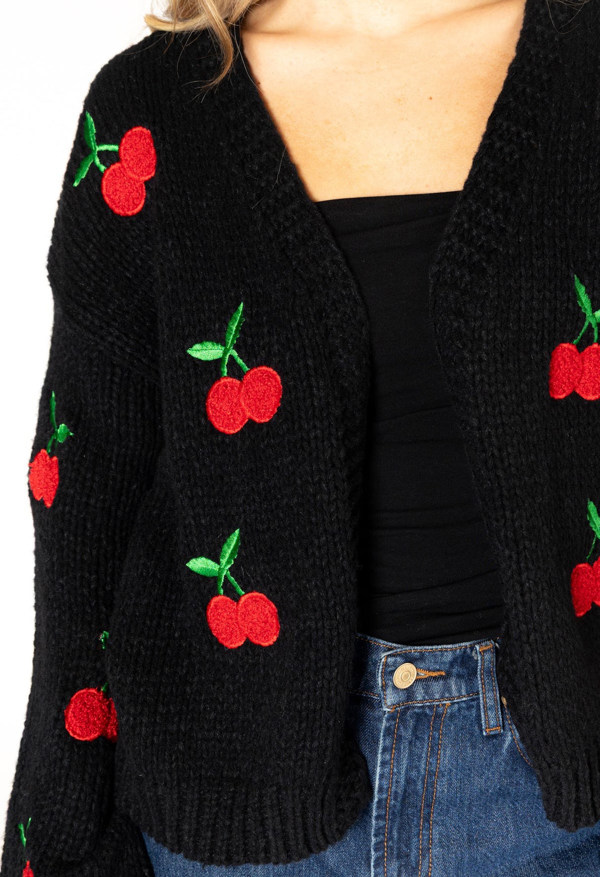 Lexi Hand Knit Open Cherry Cardigan