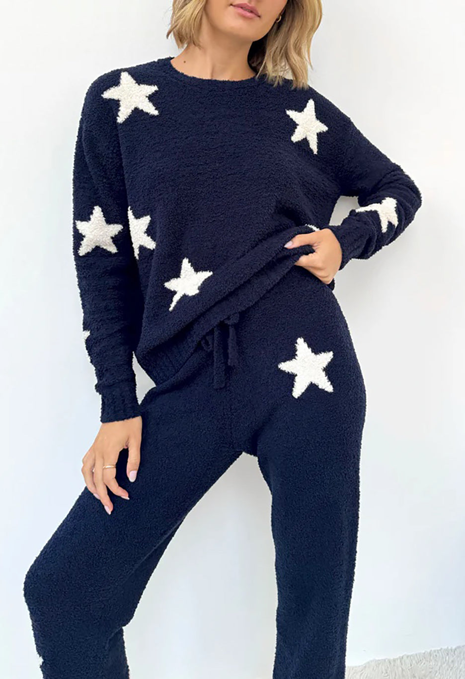 Navy Oat Stars Fuzzy Sweater PJ Set