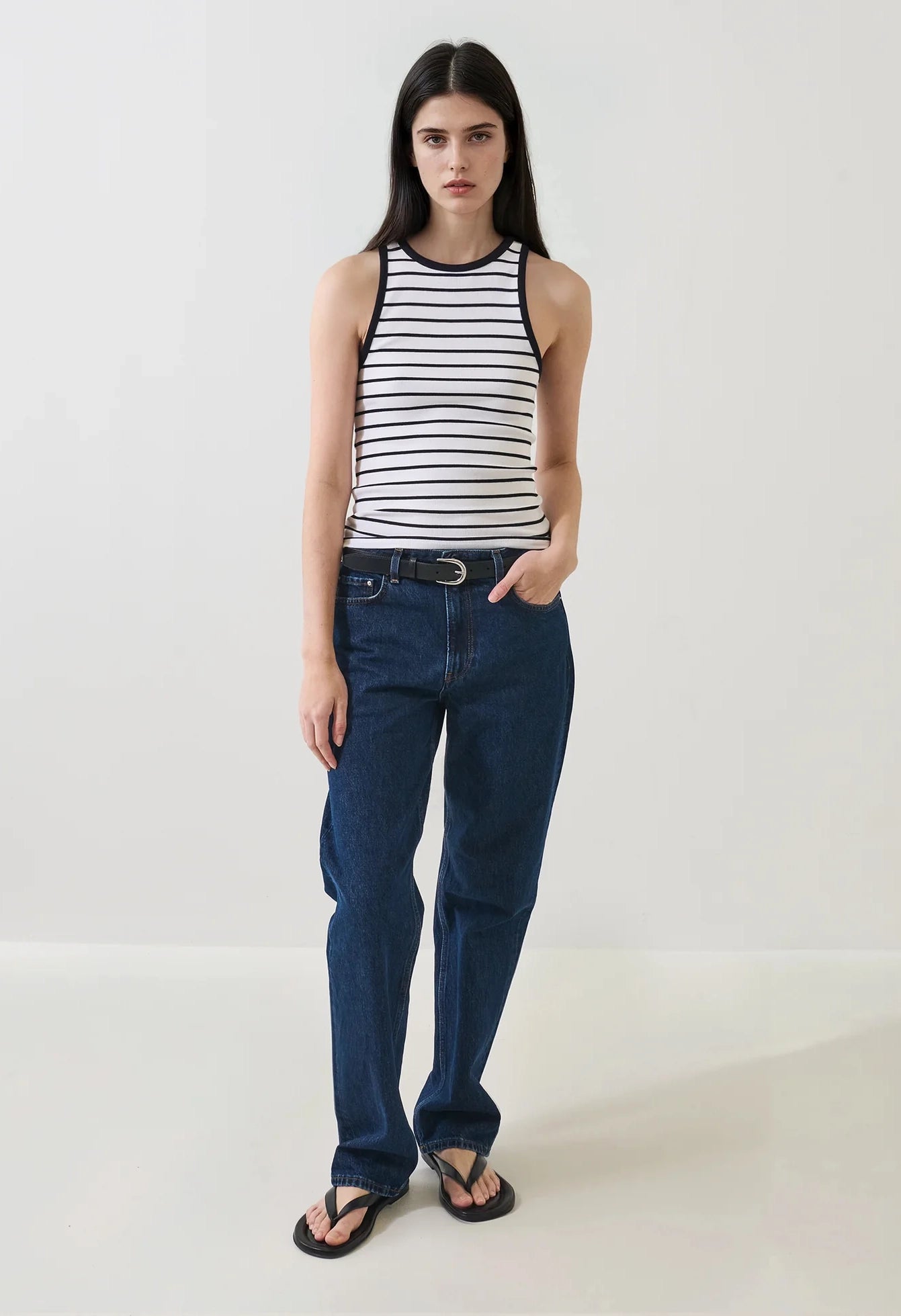 Pima Cotton Stretch Striped Ribbed High Crew Tank