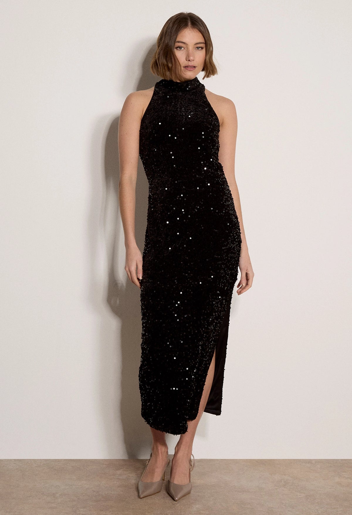 Velvet Sequin Halterneck Split Dress