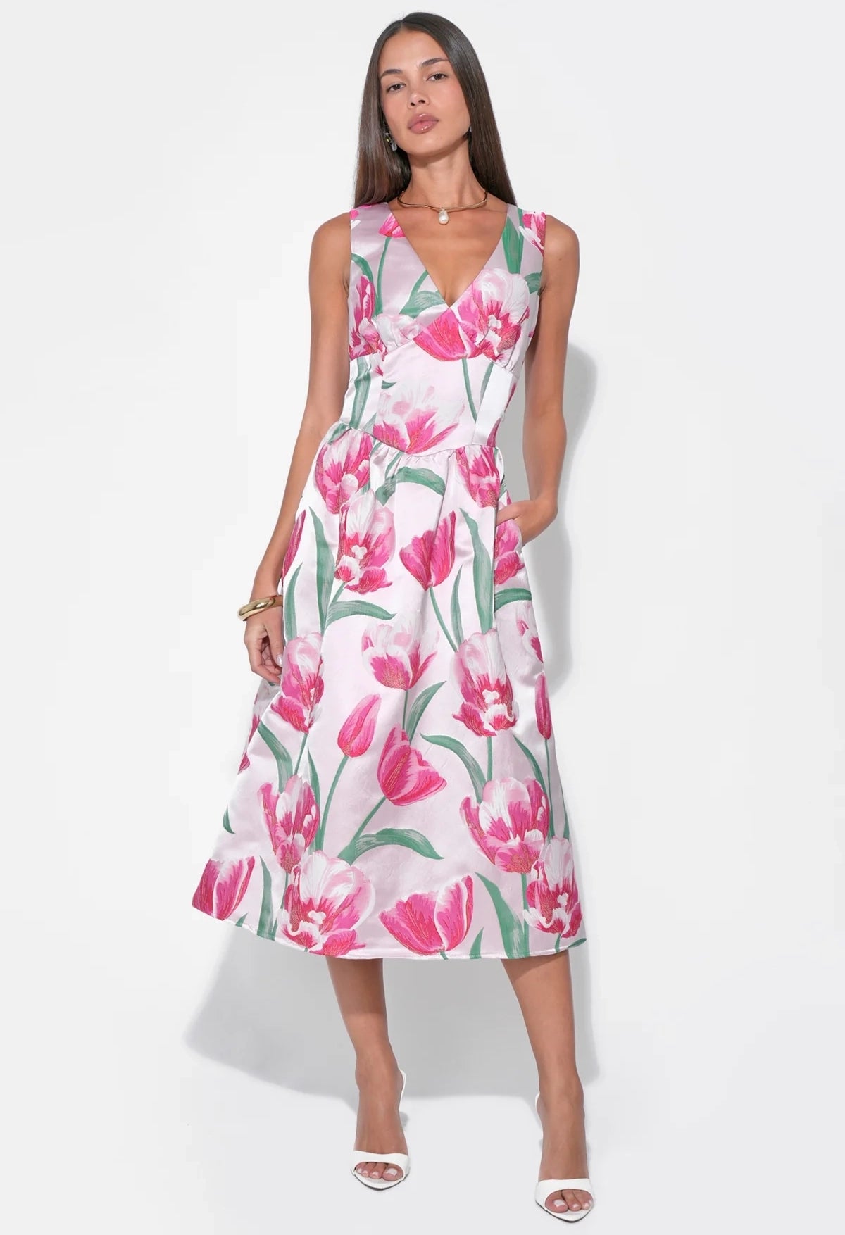 Amira Sweetheart Flower Jacquard Midi Dress
