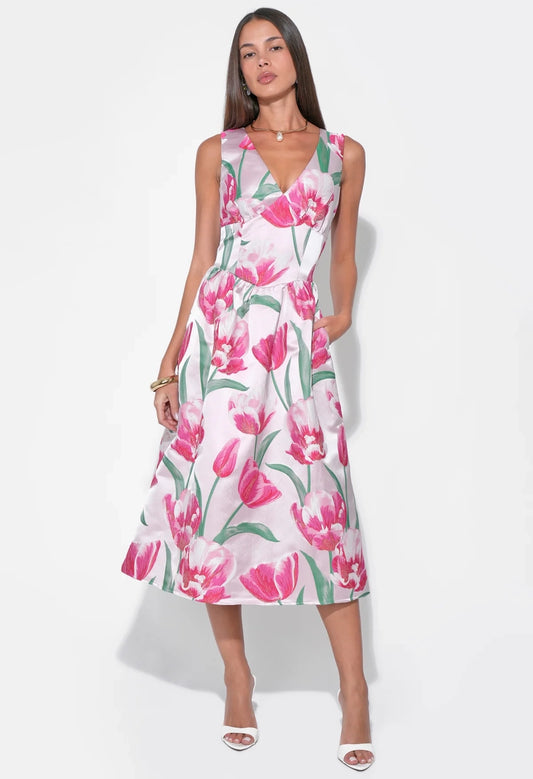 Amira Sweetheart Flower Jacquard Midi Dress
