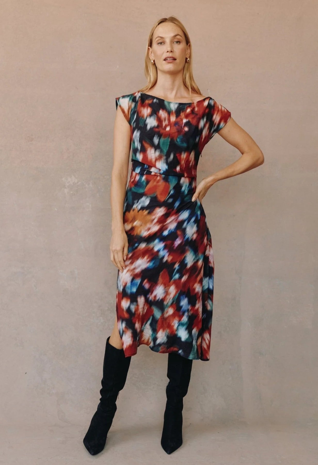 Boat Neck Cap Sleeve Midi Dress