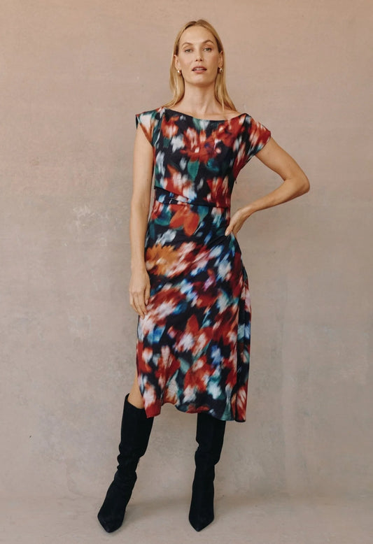 Boat Neck Cap Sleeve Midi Dress