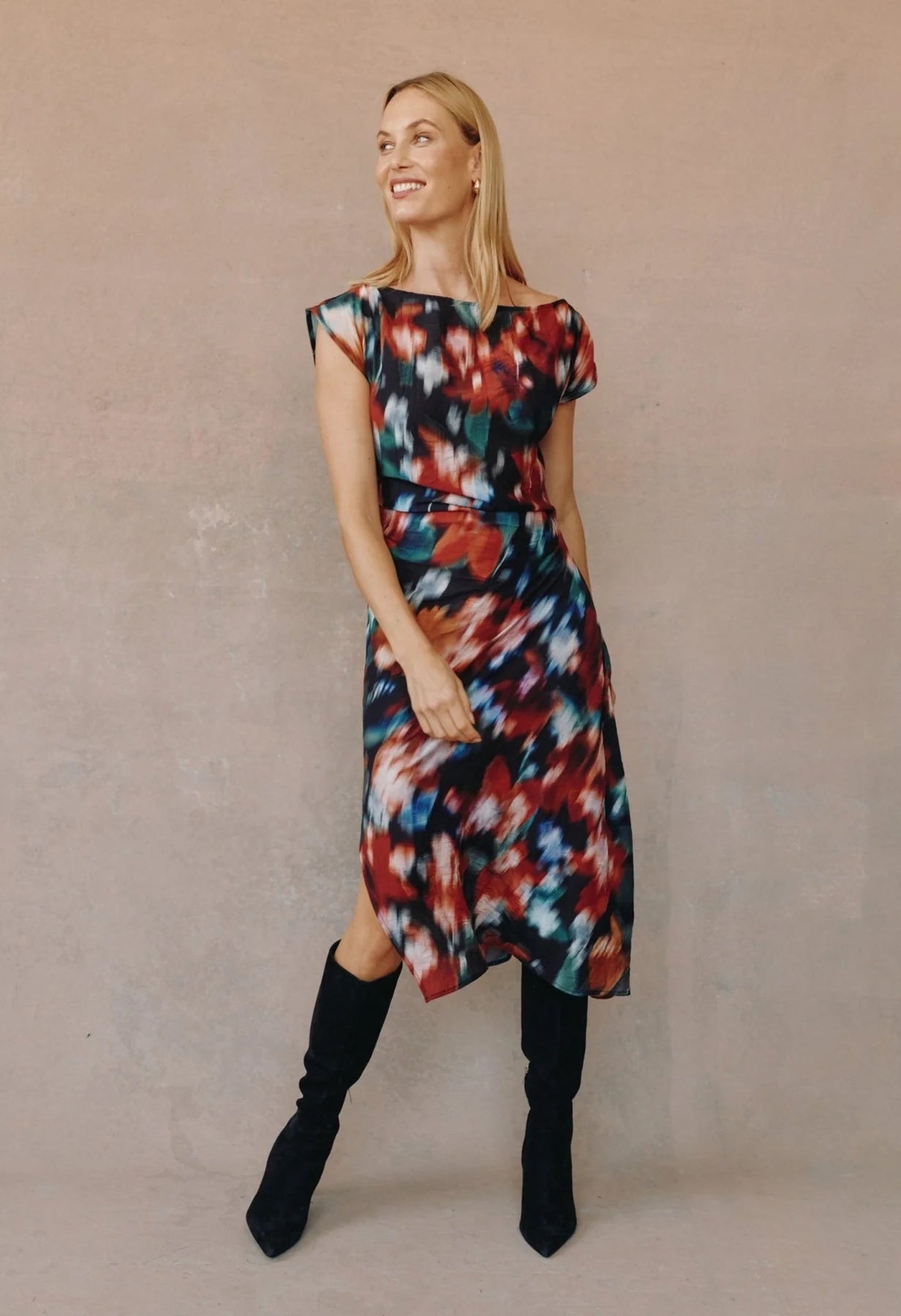 Boat Neck Cap Sleeve Midi Dress