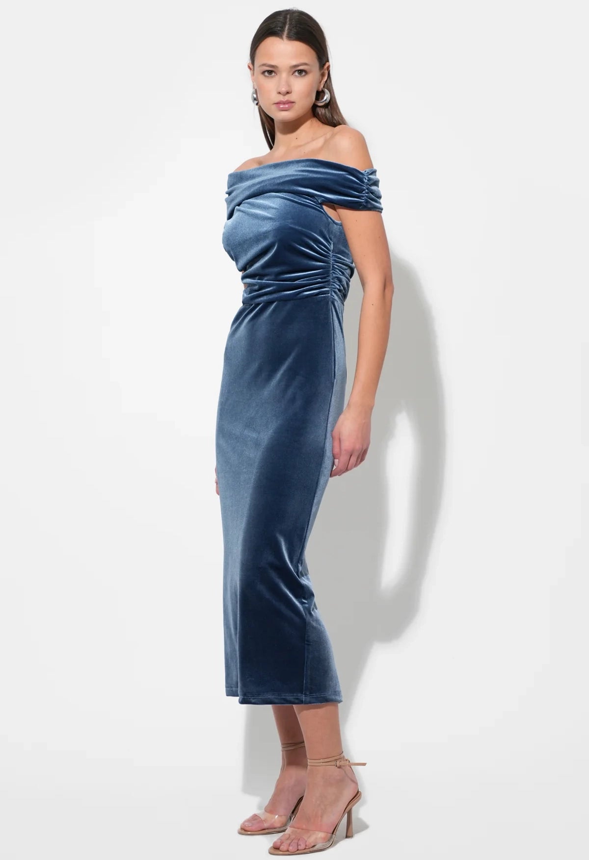 Casette Off Shoulder Velvet Midi Dress