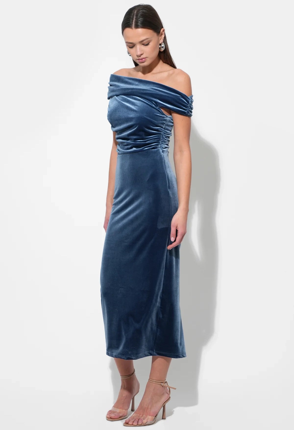 Casette Off Shoulder Velvet Midi Dress