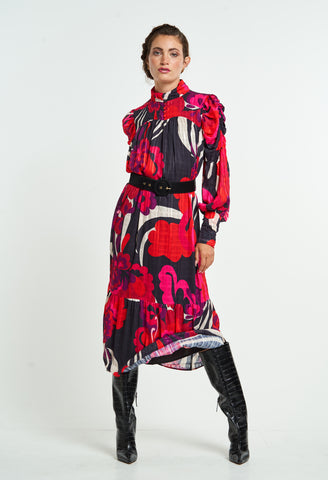 Abstract Floral Ruched Sleeve Midi Dress