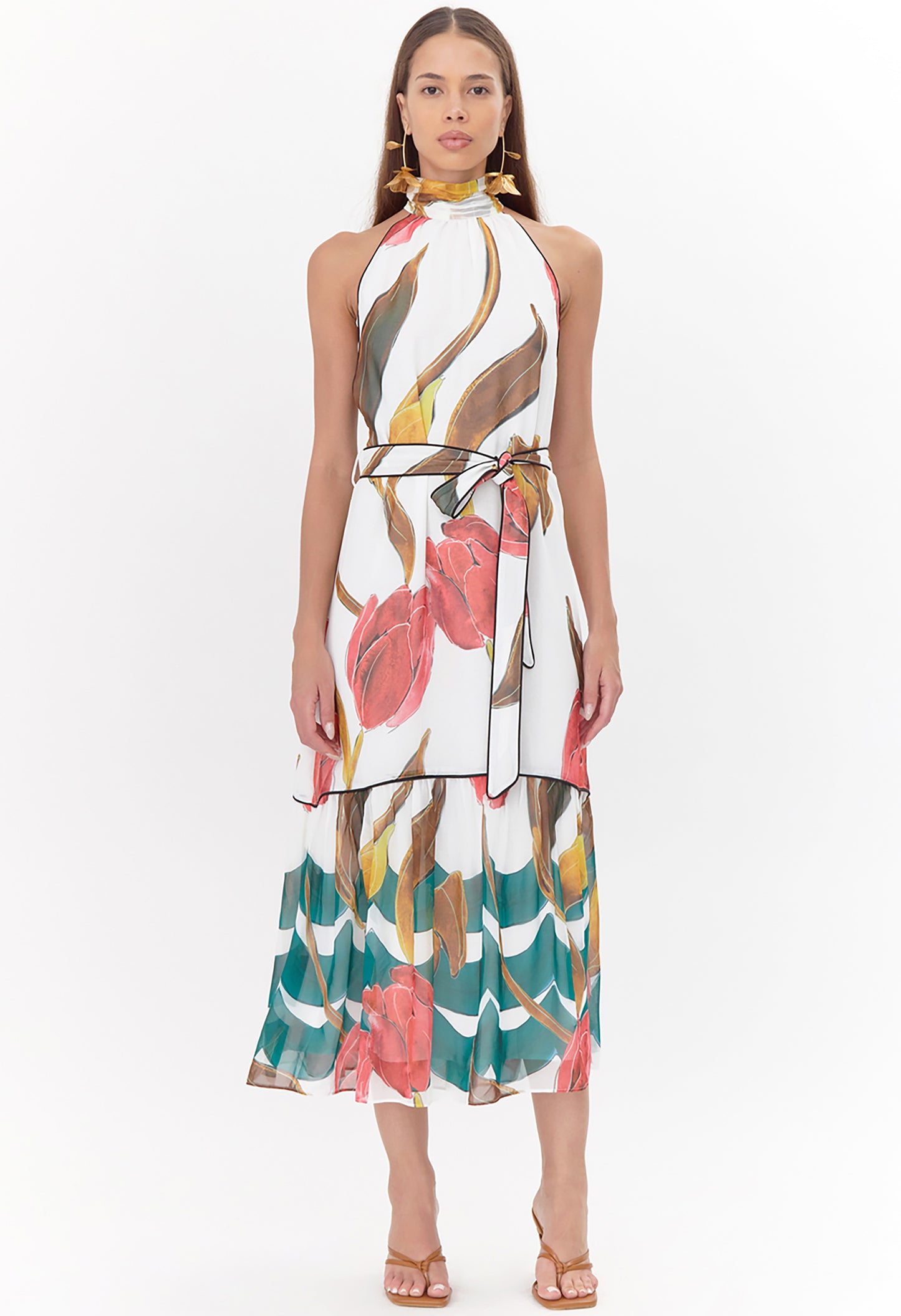 Maisy Neck Tie Printed Tiered Dress