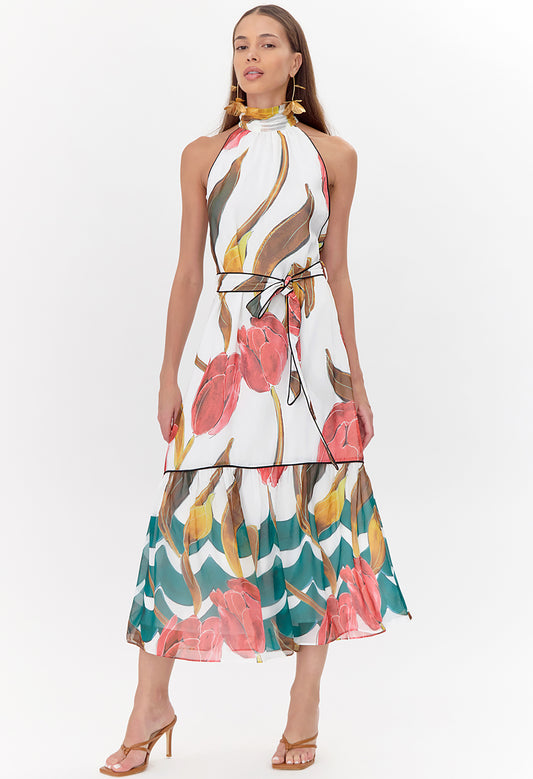 Maisy Neck Tie Printed Tiered Dress