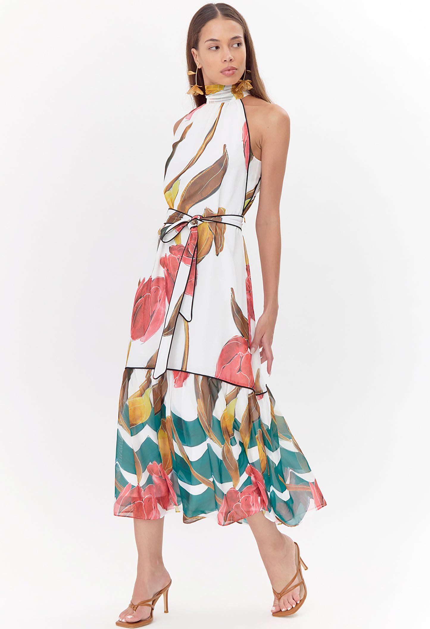 Maisy Neck Tie Printed Tiered Dress