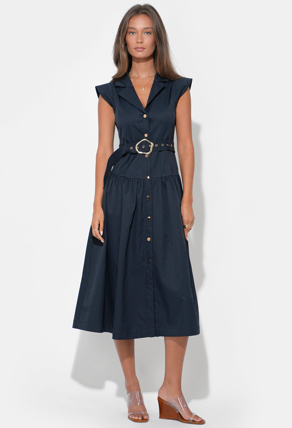Olivia Button Up Belted Shirt Midi Dress