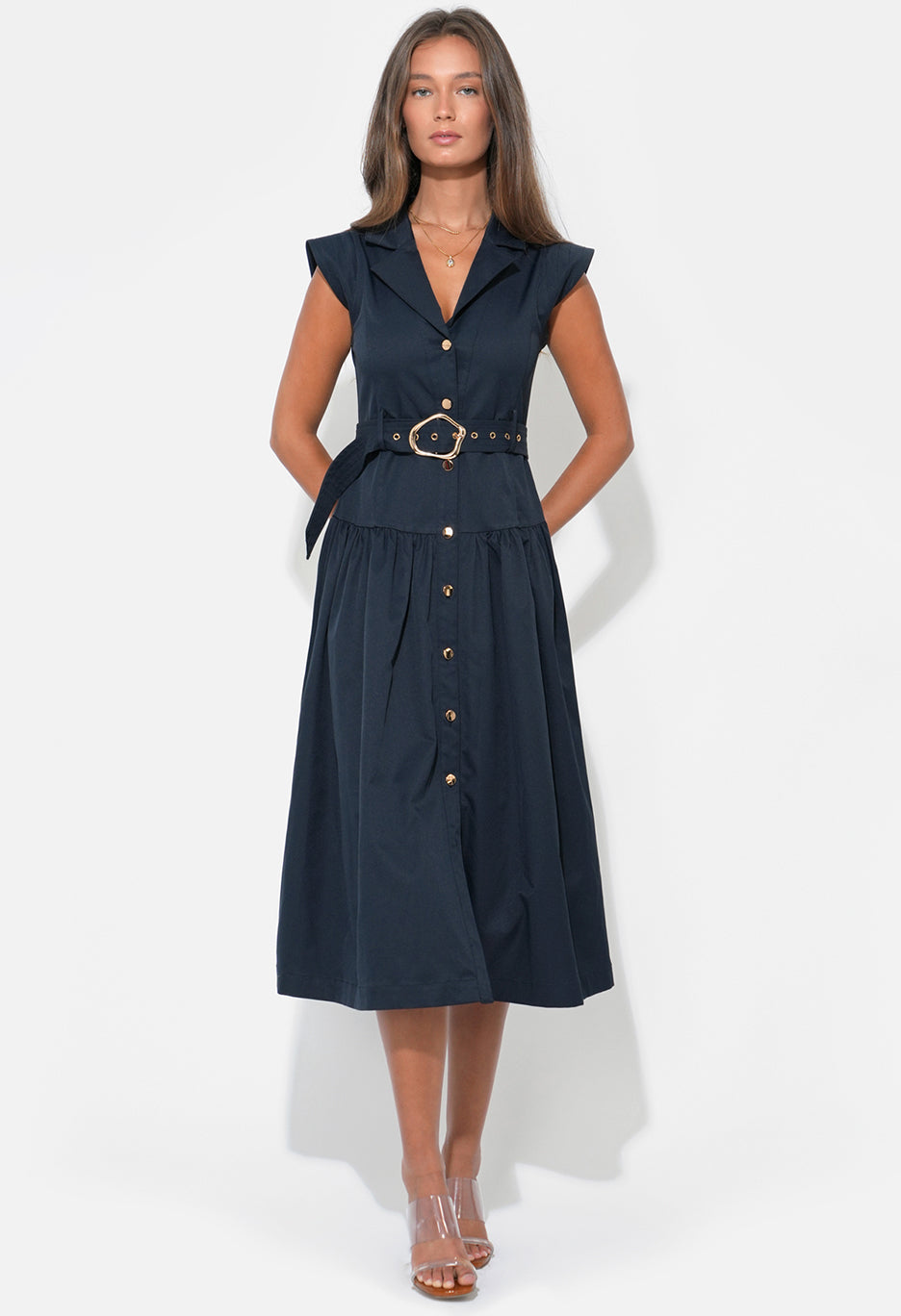 Olivia Button Up Belted Shirt Midi Dress