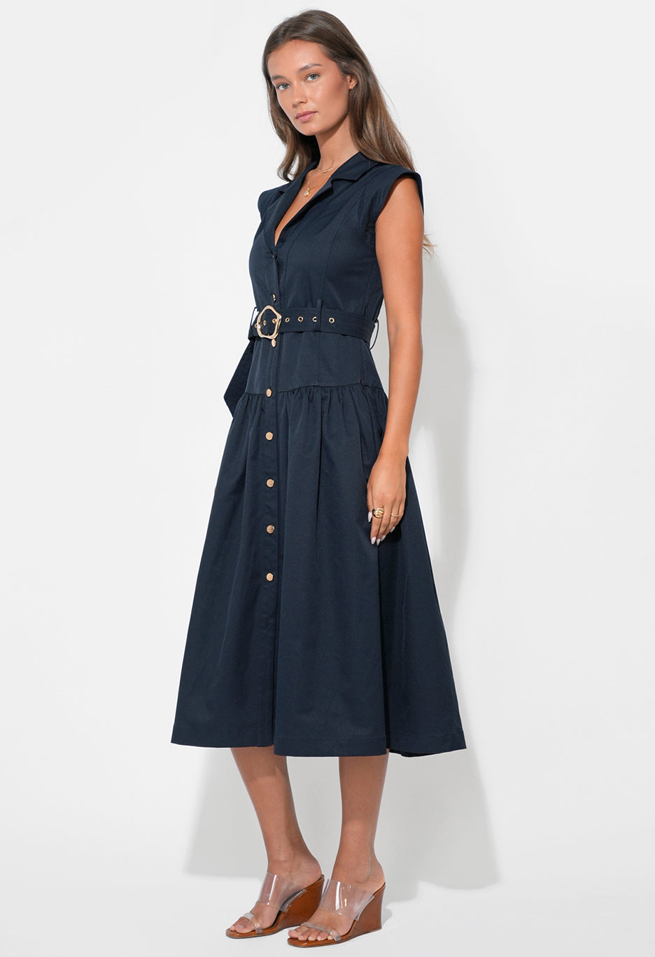 Olivia Button Up Belted Shirt Midi Dress