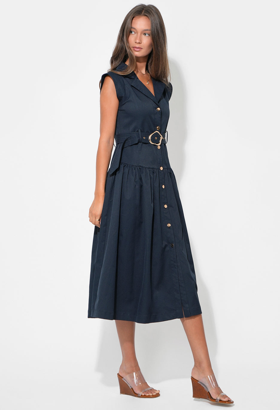 Olivia Button Up Belted Shirt Midi Dress