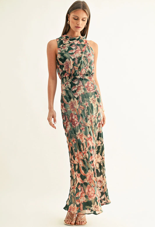 Veda Burnout Velvet Draped Maxi Dress