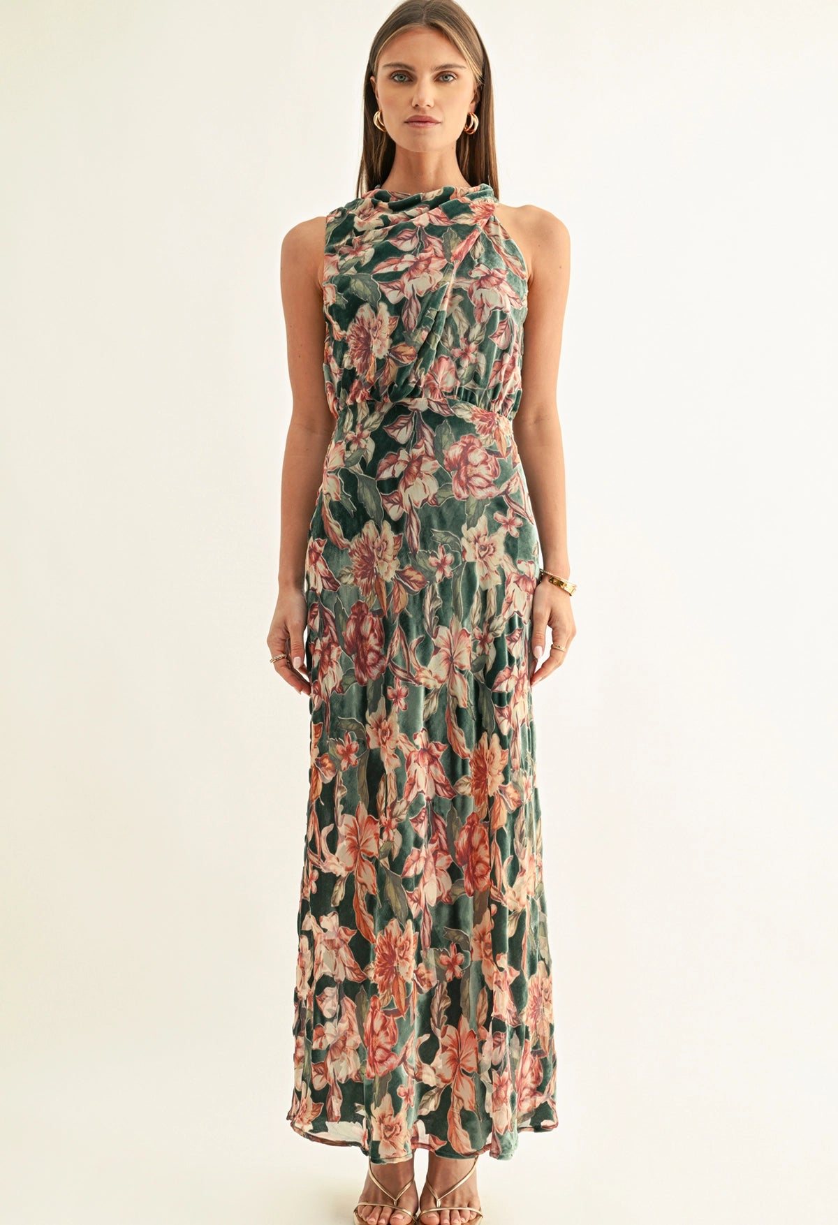 Veda Burnout Velvet Draped Maxi Dress