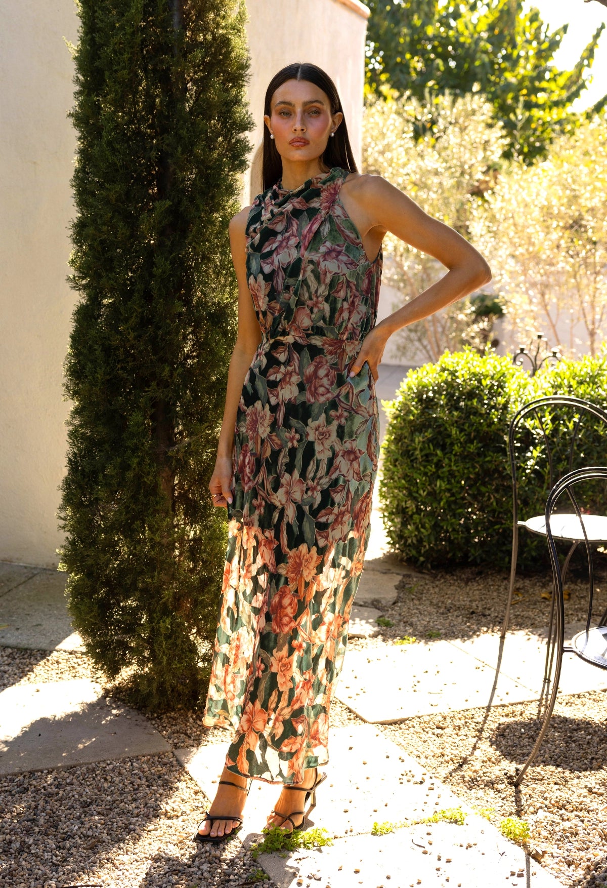 Veda Burnout Velvet Draped Maxi Dress