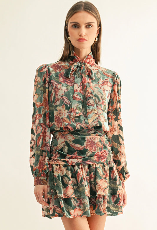 Thea Burnout Velvet Tiered Mini Skirt