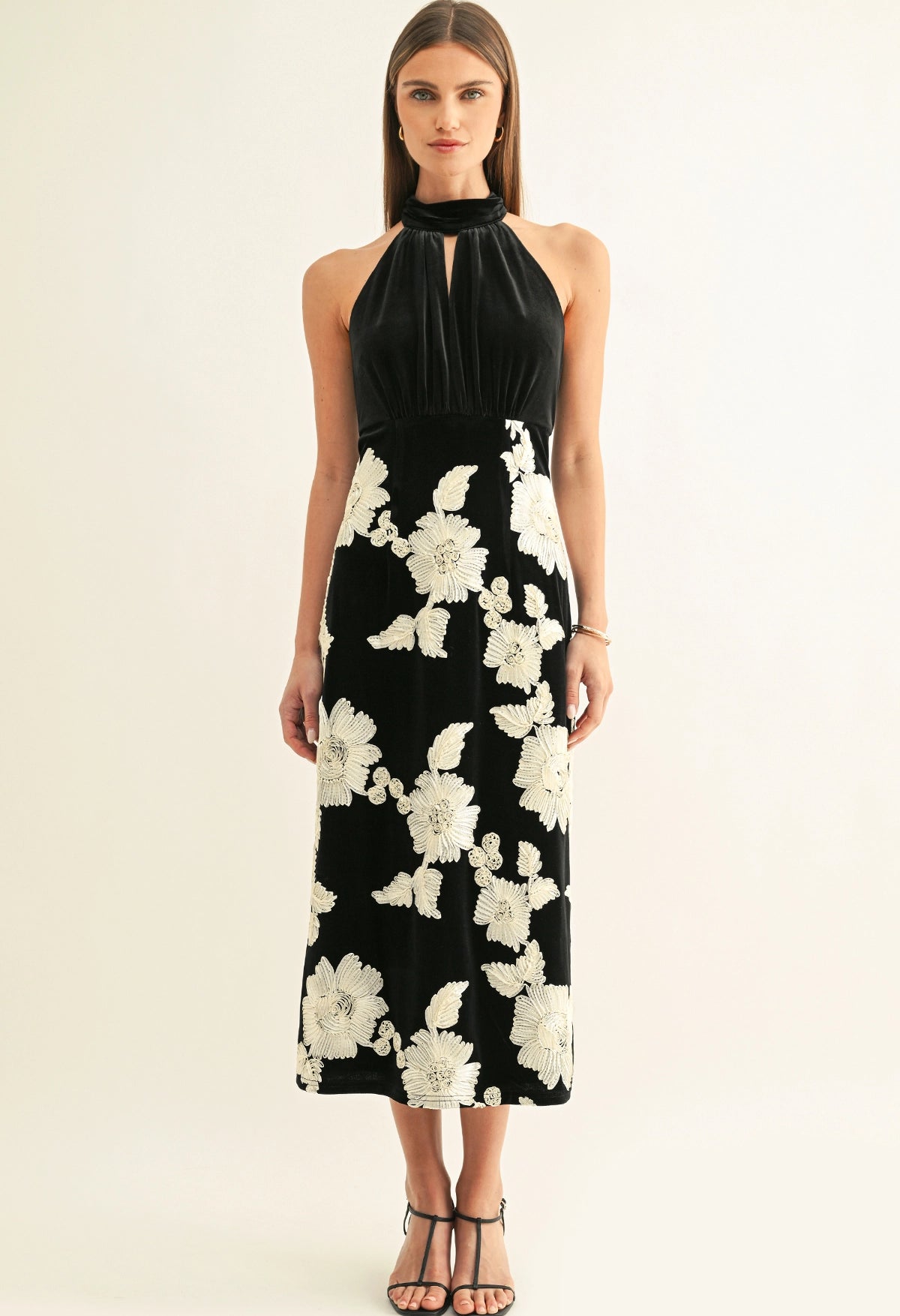 Oaklyn Flower Embelished Velvet Midi Dress