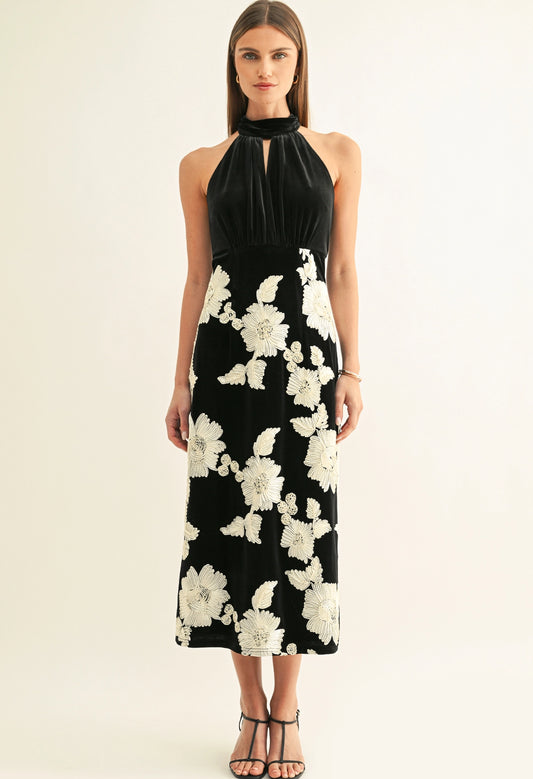 Oaklyn Flower Embelished Velvet Midi Dress