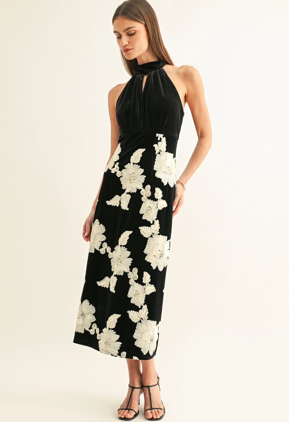 Oaklyn Flower Embelished Velvet Midi Dress