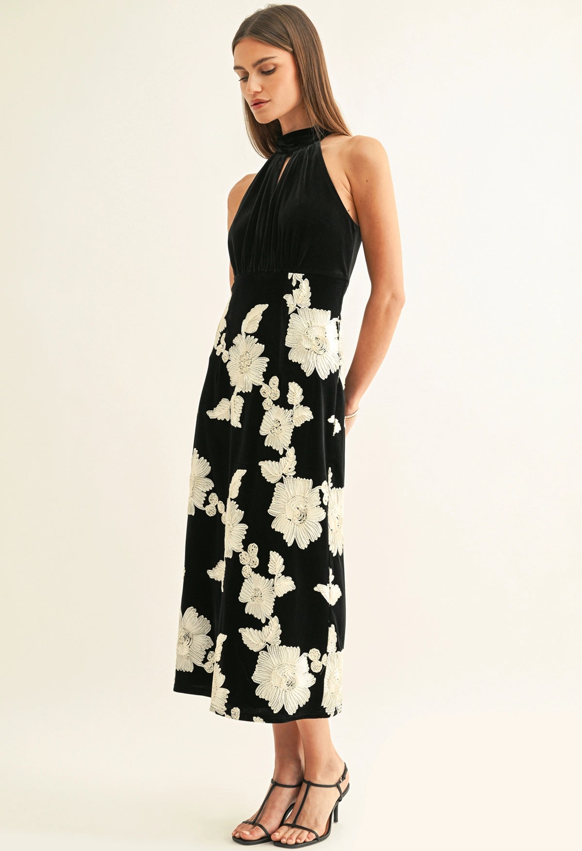 Oaklyn Flower Embelished Velvet Midi Dress