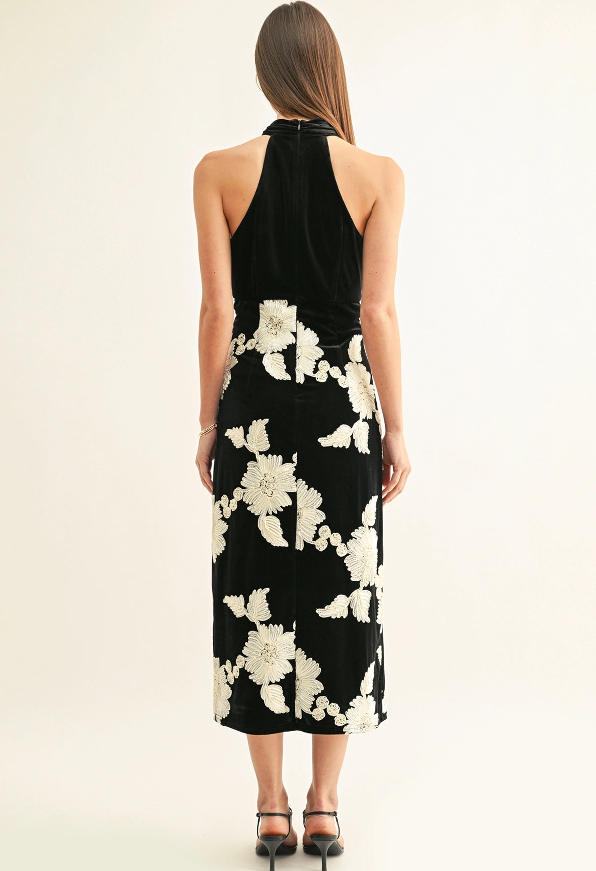 Oaklyn Flower Embelished Velvet Midi Dress