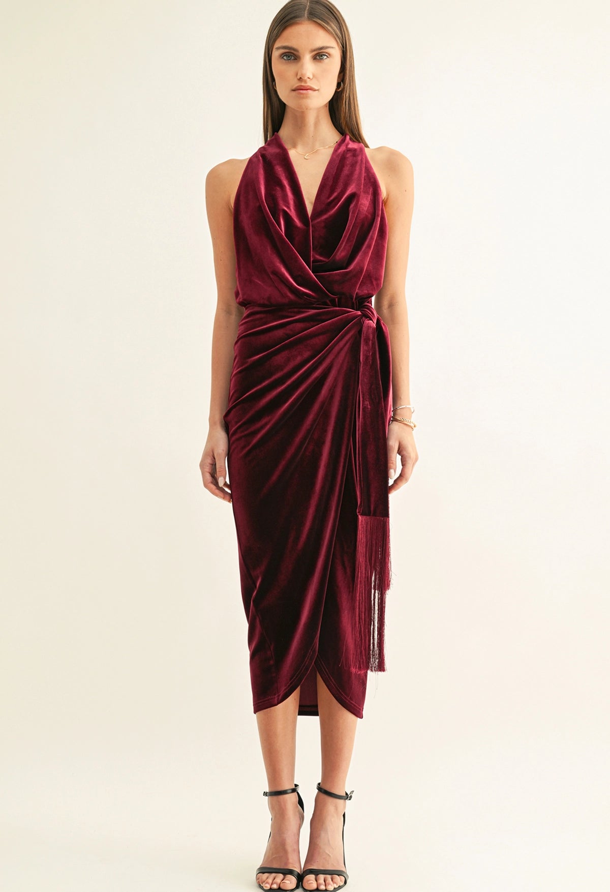 Willow Velvet Halter Wrap Midi Dress