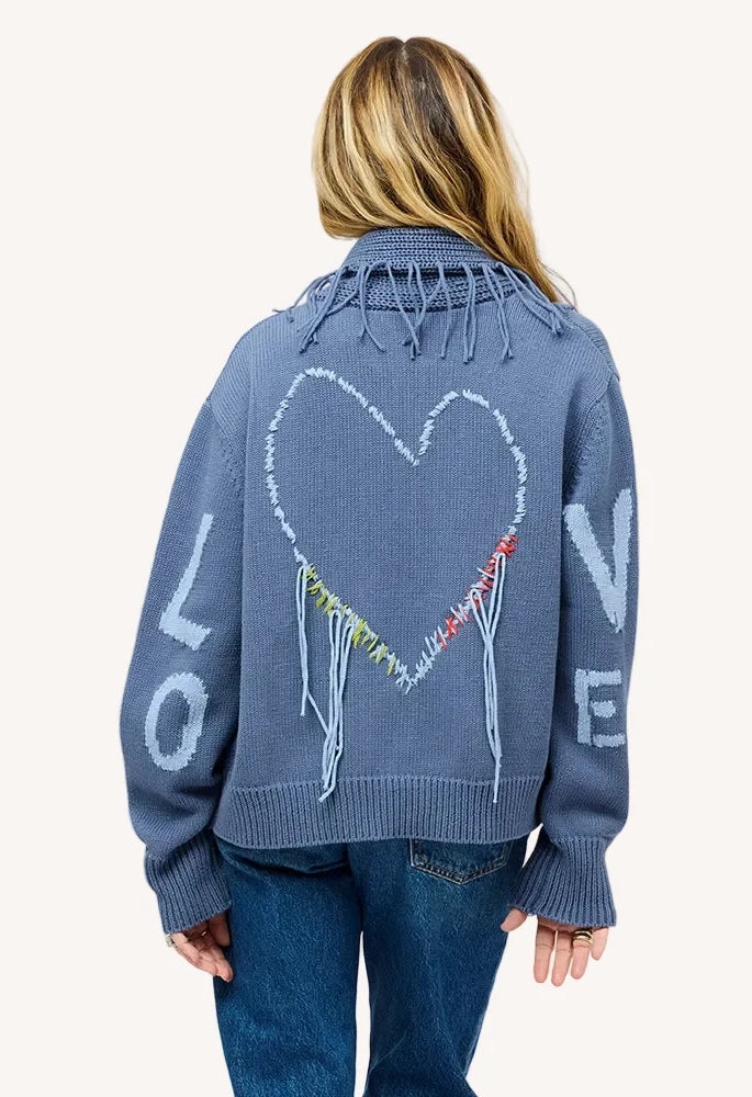 Fringe Shawl Collar Love Cardigan