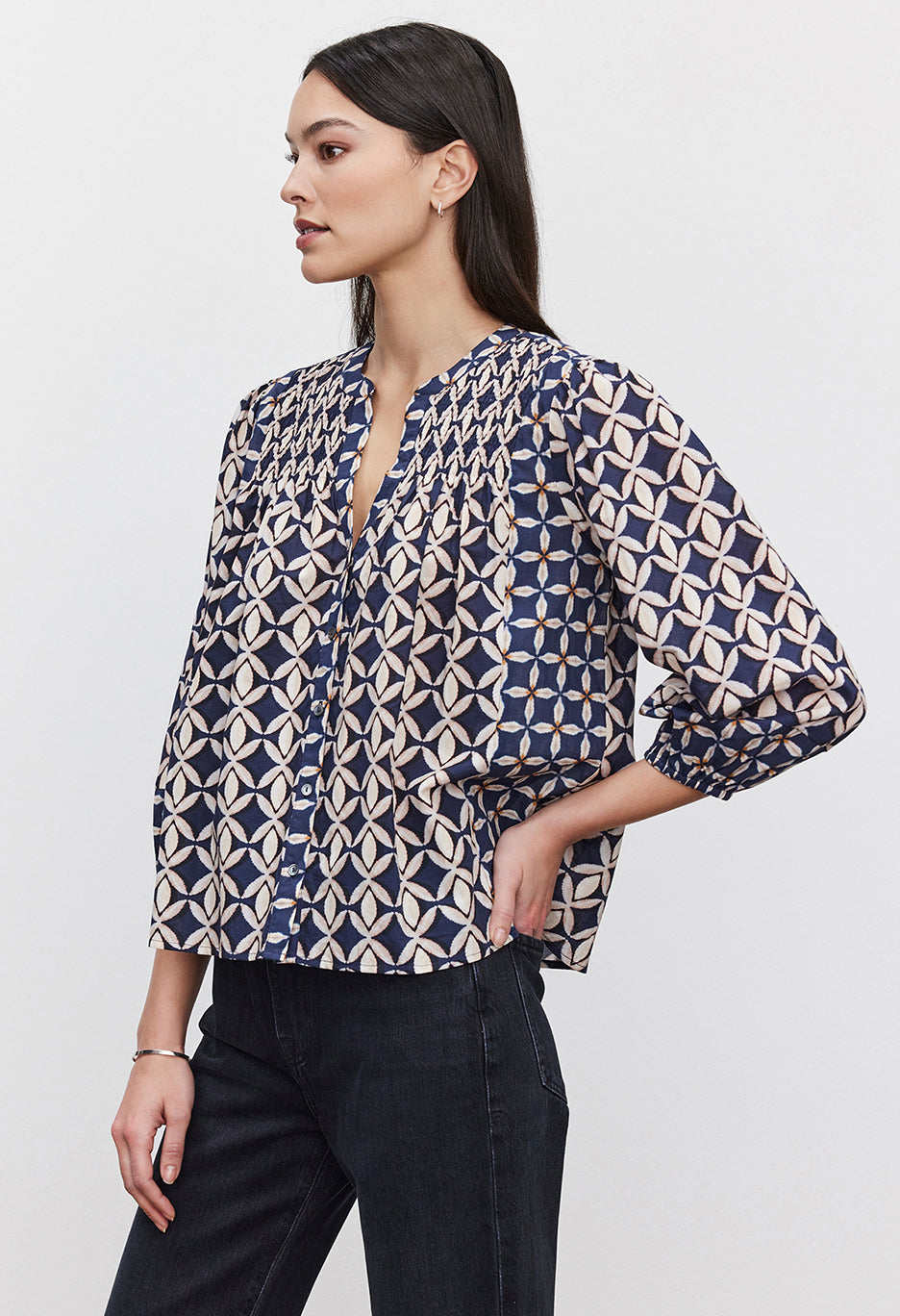 Haddon Printed Cotton Cambric Long Sleeve Top