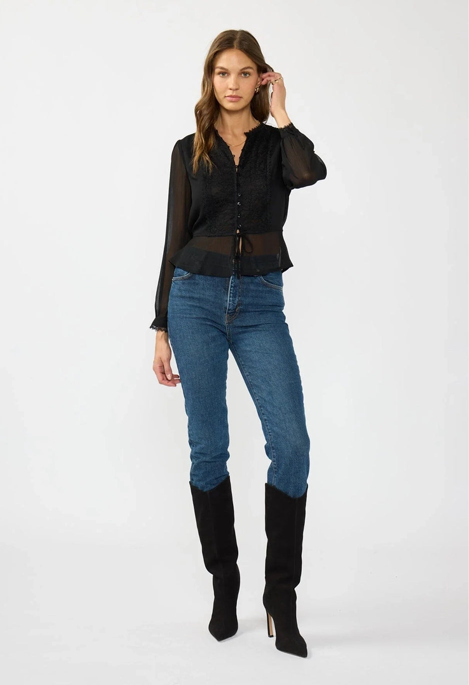 Fiora Lace Button Down Draw Cord Top