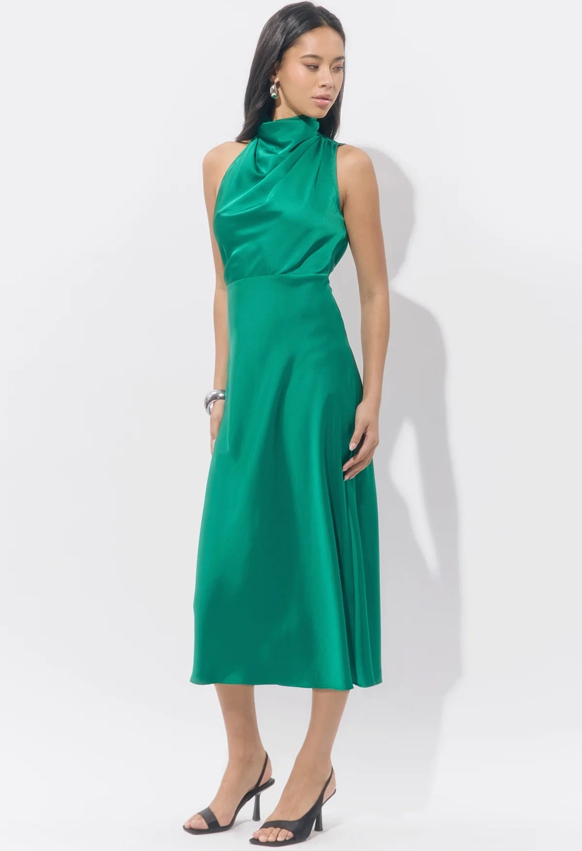 Jodie High Neck Satin Midi Dress
