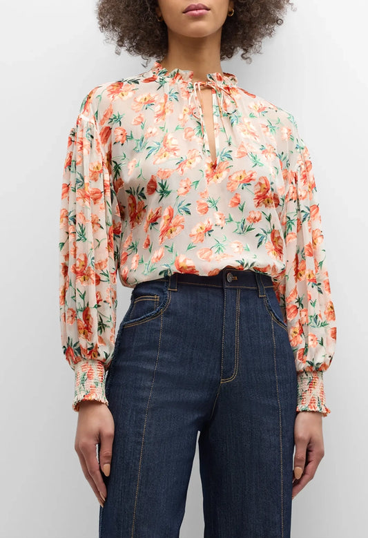 Julius Voluminous Long-Sleeve Floral Burnout Blouse