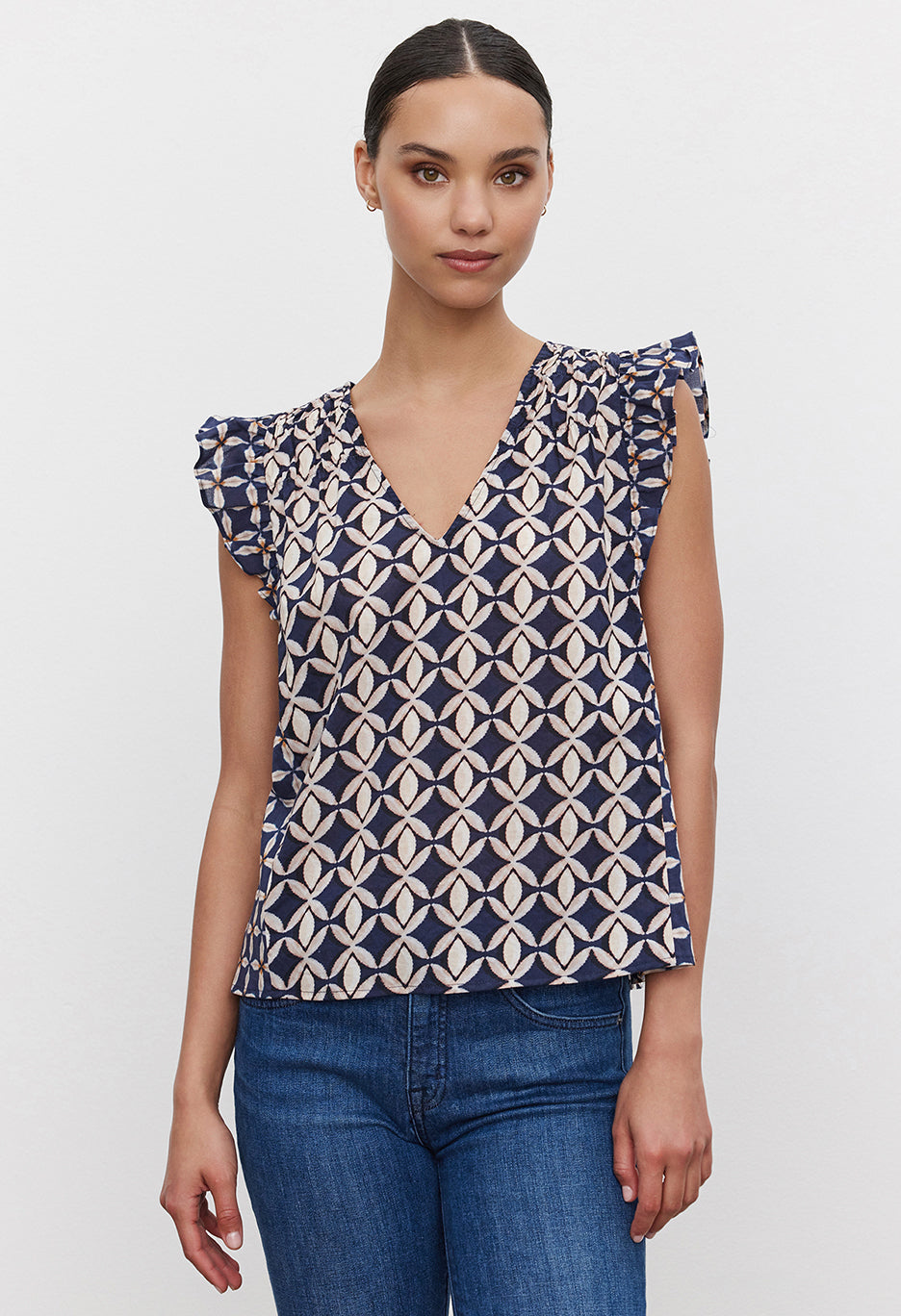 Kandra Printed Cotton Cambric Short Sleeve Top