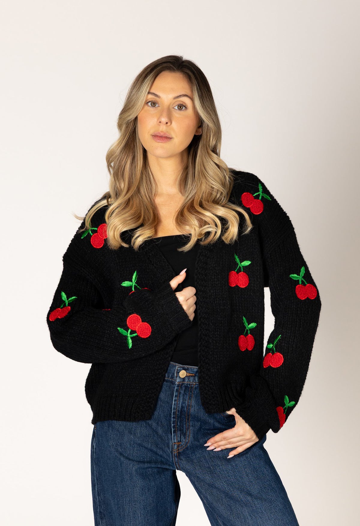 Lexi Hand Knit Open Cherry Cardigan