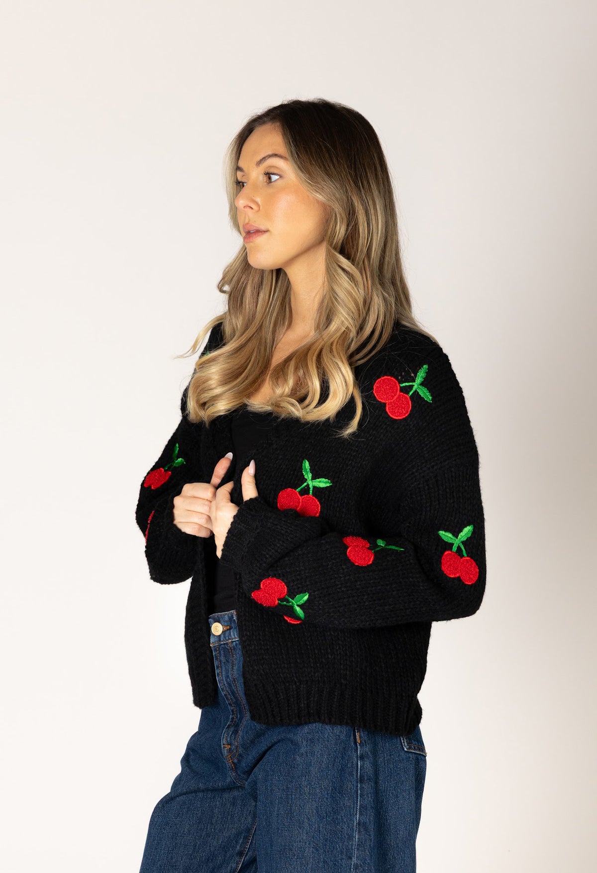 Lexi Hand Knit Open Cherry Cardigan