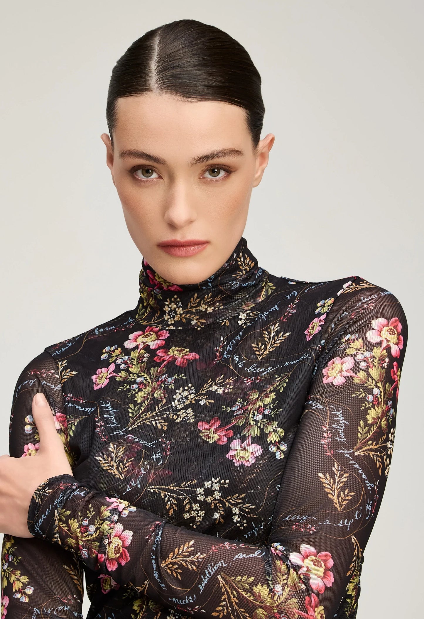 Love Letter Floral Shirred Mesh Turtleneck