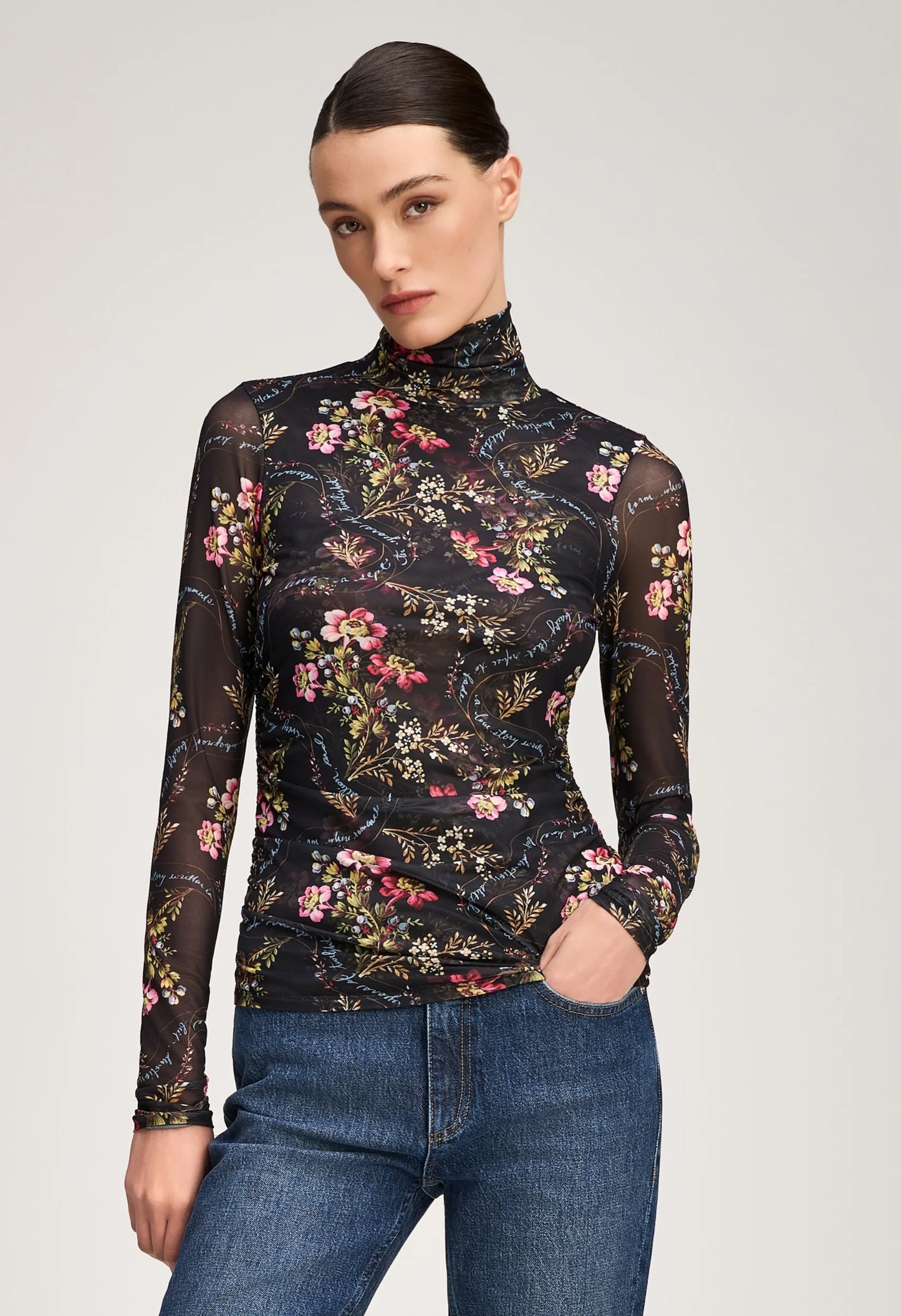 Love Letter Floral Shirred Mesh Turtleneck