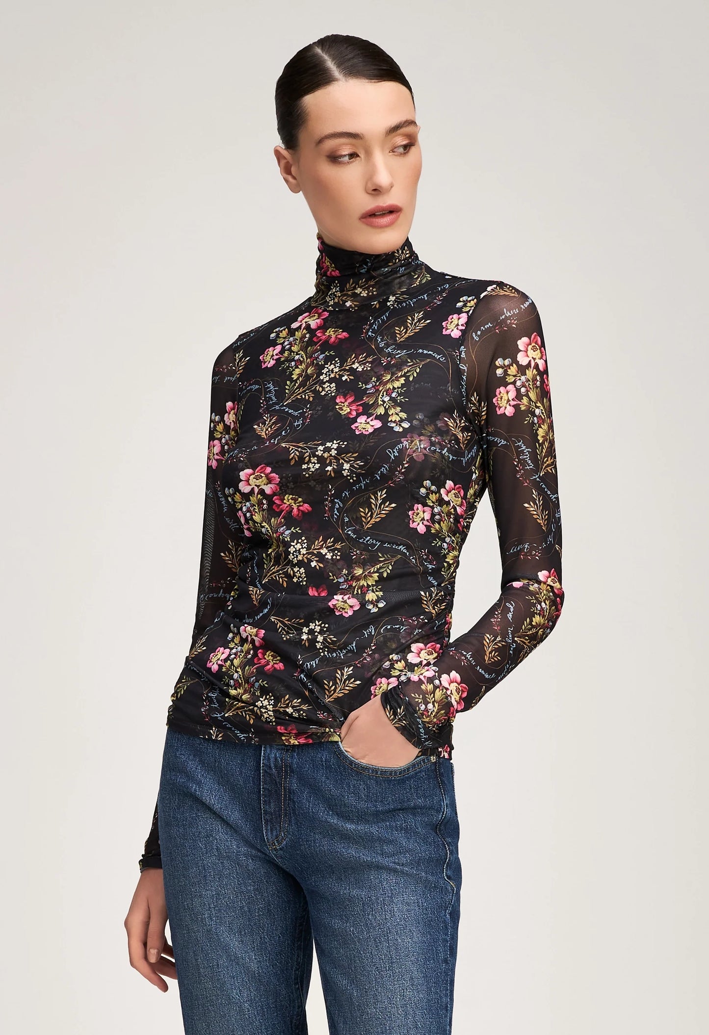 Love Letter Floral Shirred Mesh Turtleneck
