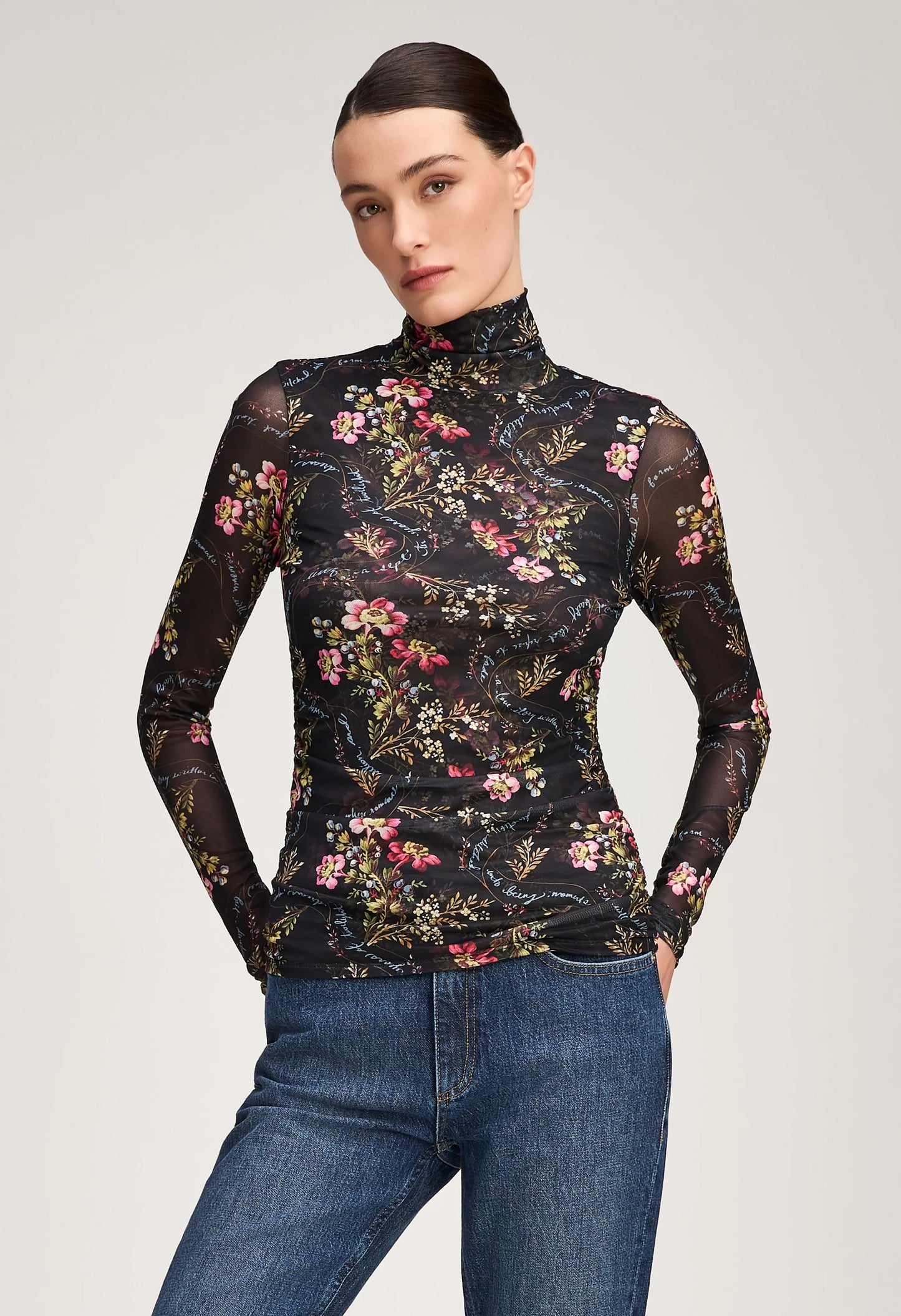 Love Letter Floral Shirred Mesh Turtleneck