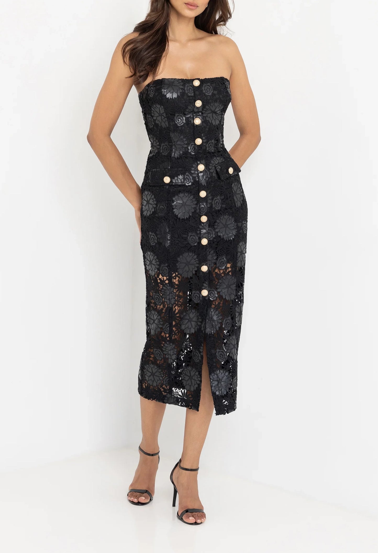 Misha Vegan Leather Guipure Midi Dress