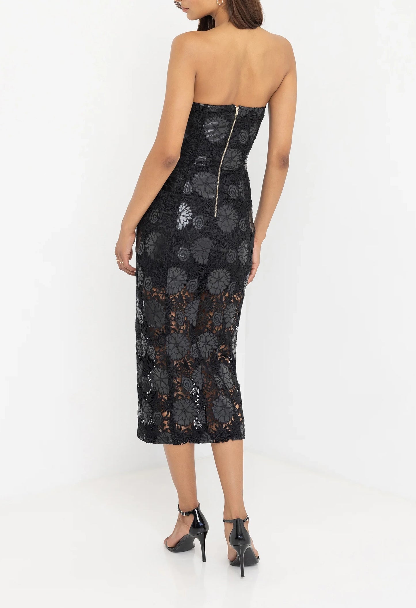 Misha Vegan Leather Guipure Midi Dress