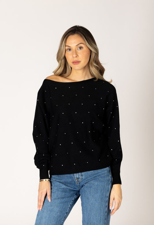 Nobucrystl Lightweight Off Shoulder Gem Sweater