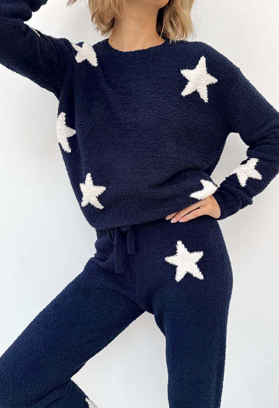 Navy Oat Stars Fuzzy Sweater PJ Set