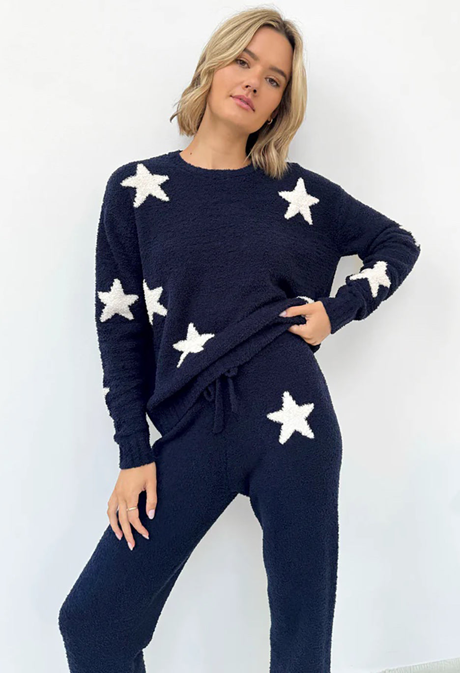 Navy Oat Stars Fuzzy Sweater PJ Set
