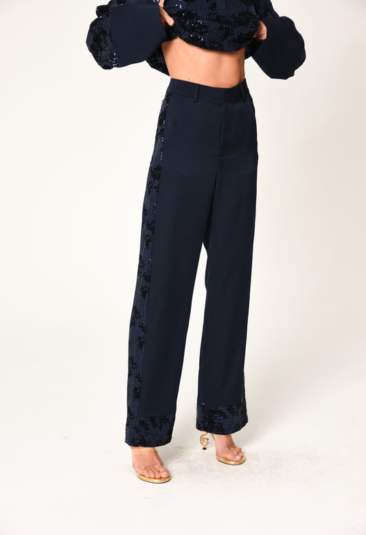 Flocked Velvet Sequin Trimmed Pants